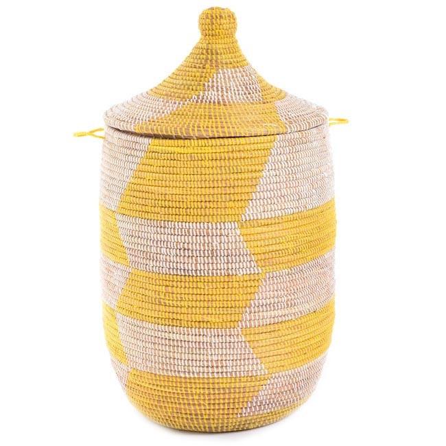Yellow & White Large Checked Woven Basket with Lid (A+D)