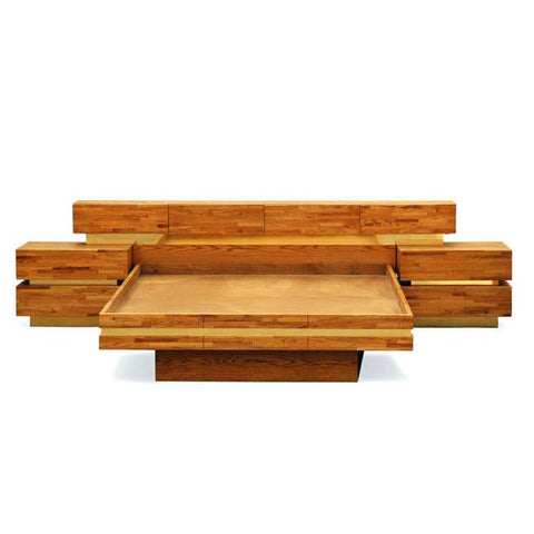 Wood & Brass Huge Vintage Queen Bed Frame with Attached Bedside Tables