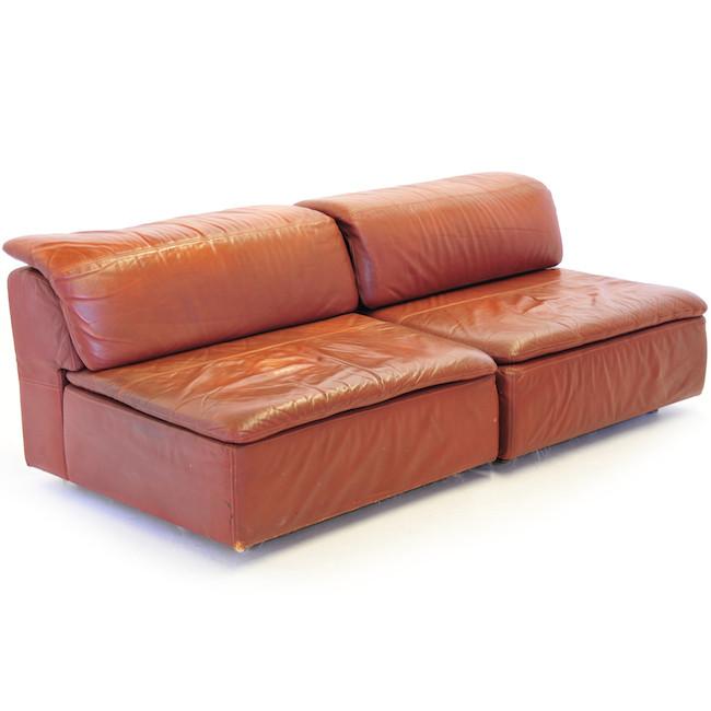 Camel Brown Leather Sectional Pit Sofa
