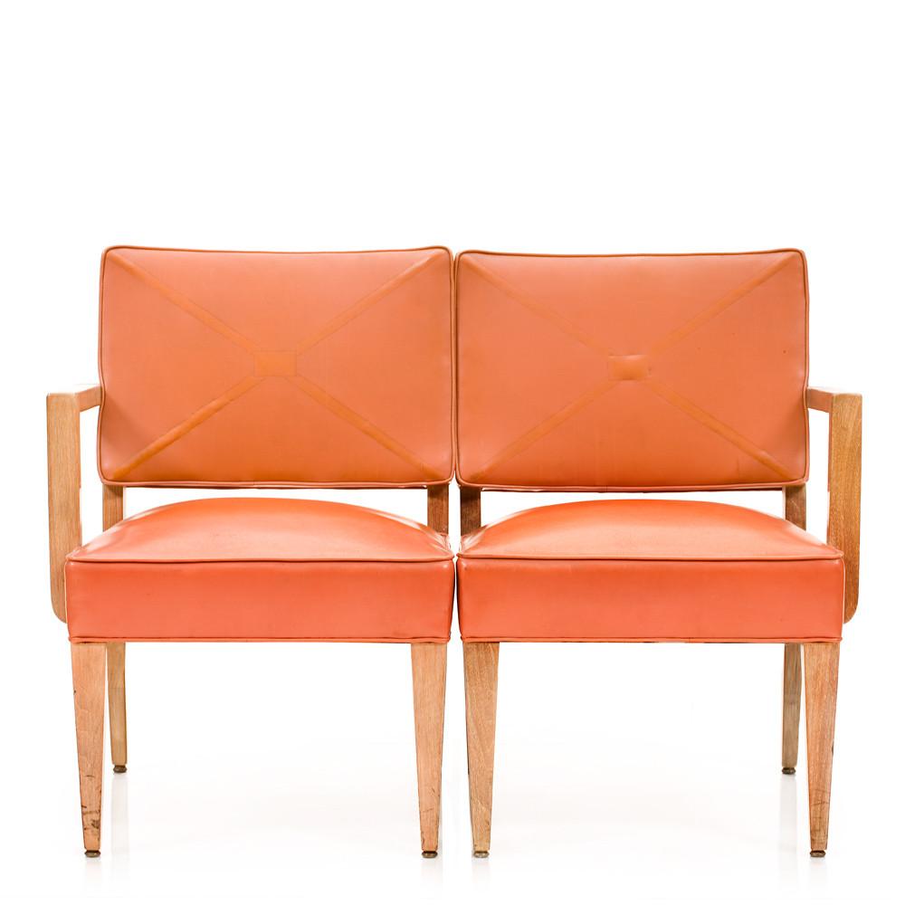 Orange Vinyl and Wood Loveseat