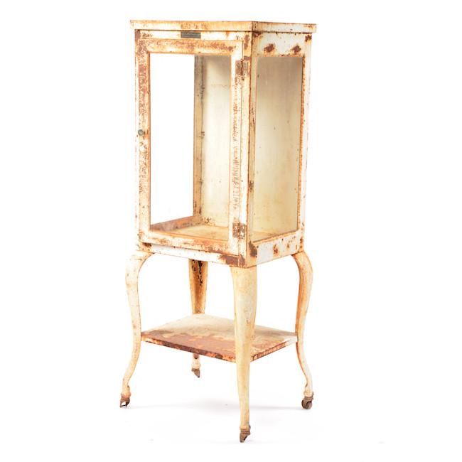 Rusted White Metal Rolling Cabinet