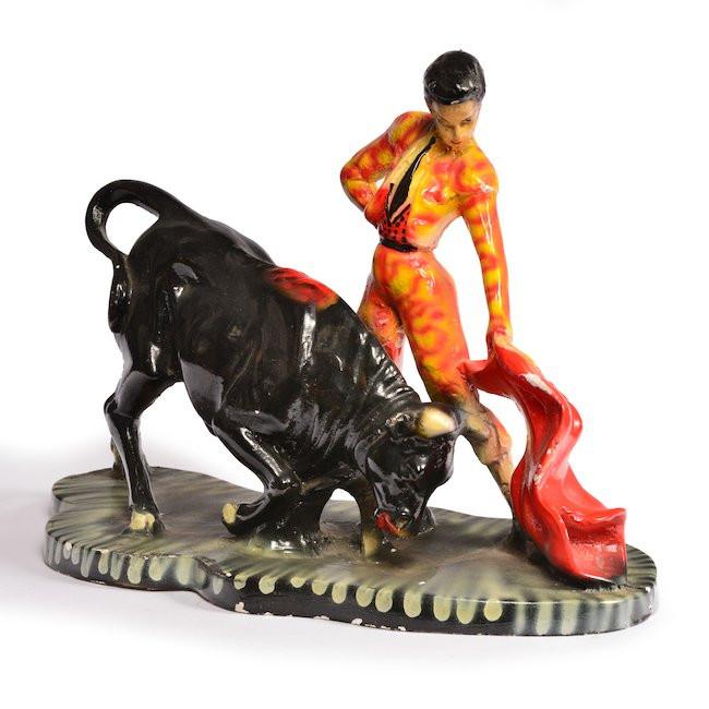 Yellow, Orange, Black Bull Fighter and Bull Sculpture