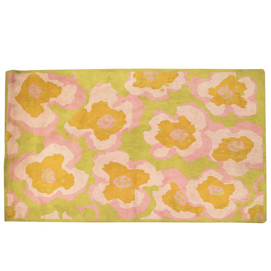 Large Pink & Green Flower Power Vintage Rug
