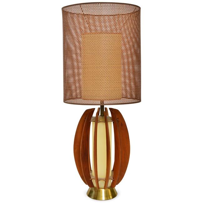 Giant Wood Slat Vintage Table Lamp w Double Cane Shade
