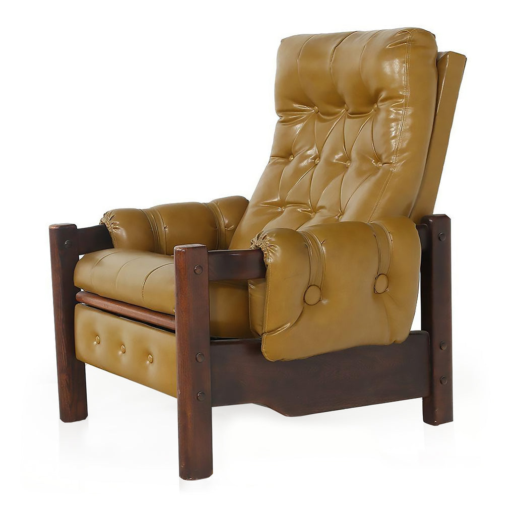 Tan Leather and Dark Wood Recliner