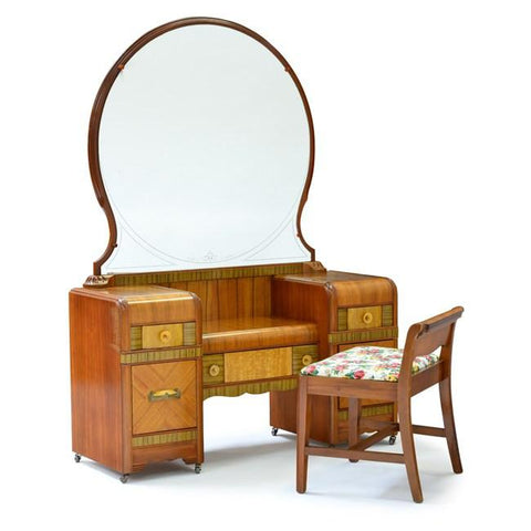Large Antique Wood Vanity w Round Mirror