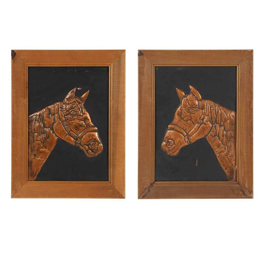 Vintage Copper Horse Portrait Artwork in Wood Frame A