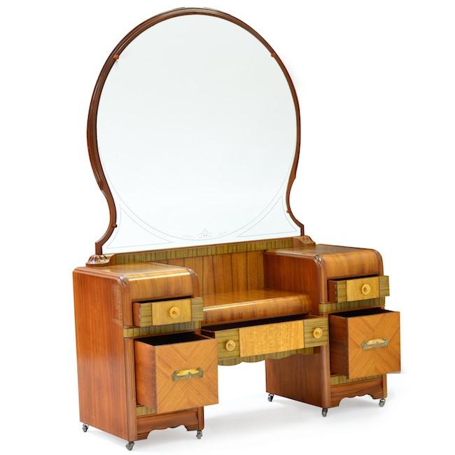 Large Antique Wood Vanity w Round Mirror