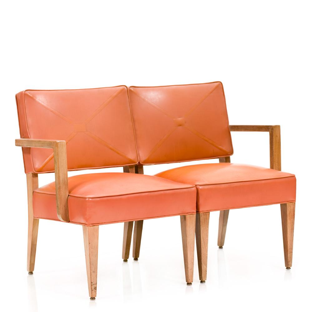 Orange Vinyl and Wood Loveseat