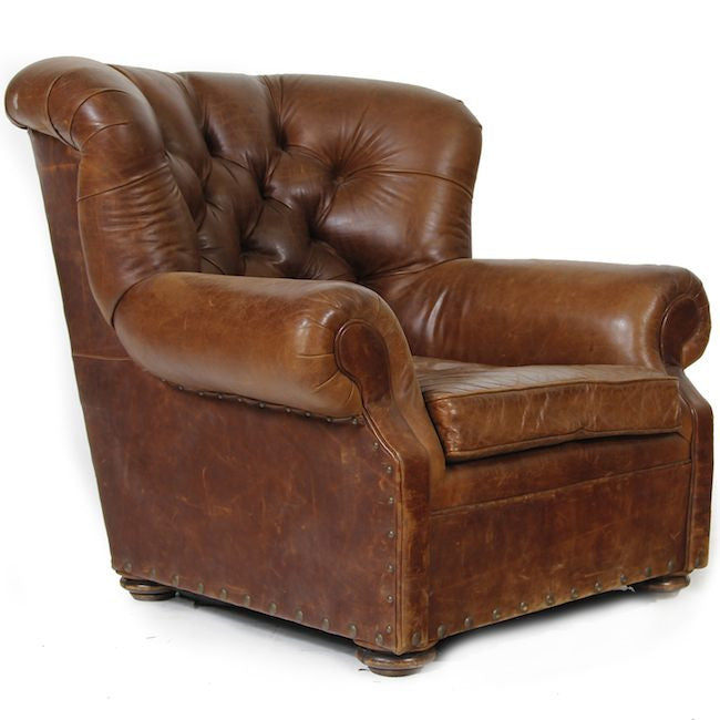 Brown Studded Tufted Leather Lounge Chair