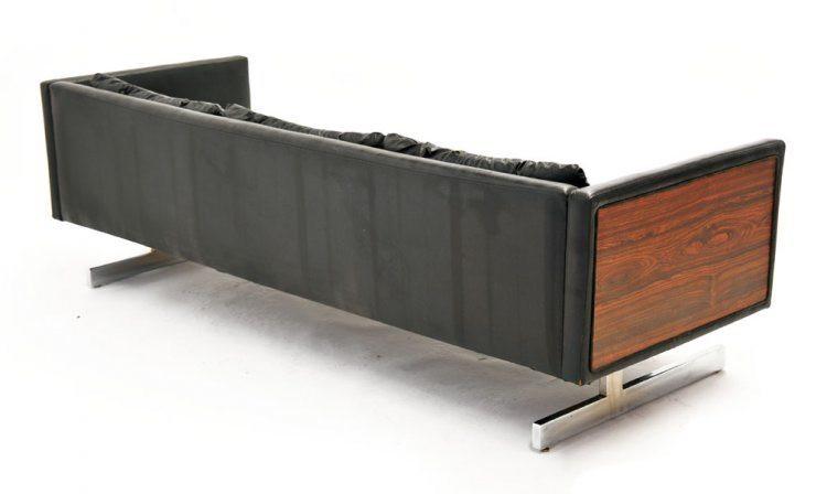Black Leather Tufted Sofa with Wooden Sides