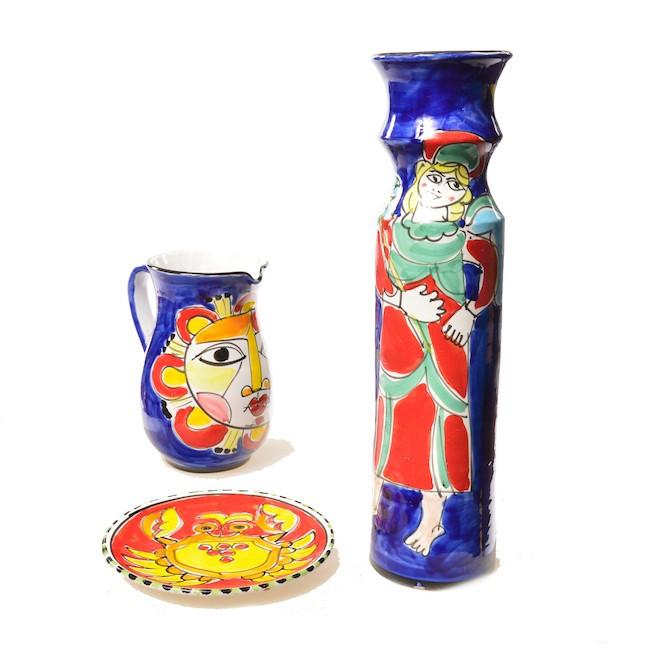Blue Ceramic Pitcher with Sun Painting