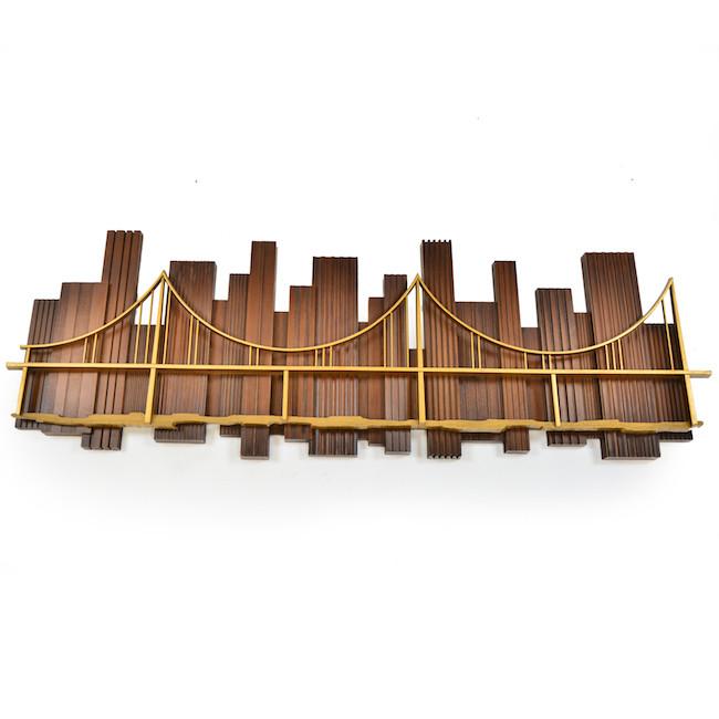 Wood & Brass Cityscape Bridge Wall Art