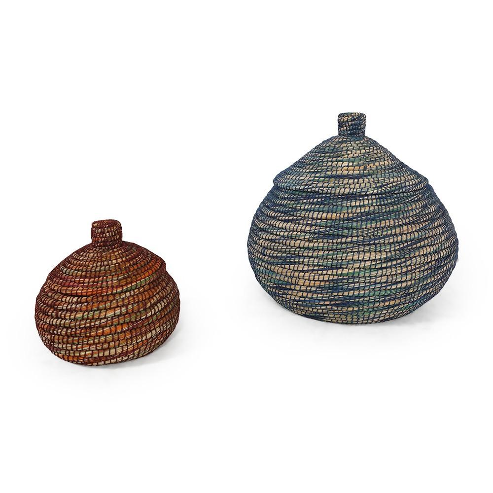Blue Green Large Woven Basket w/ Lid (A+D)