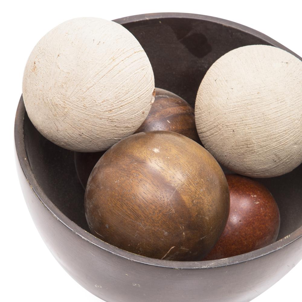 Brown Bowl with 5x Wood / White Decorative Balls (A+D)