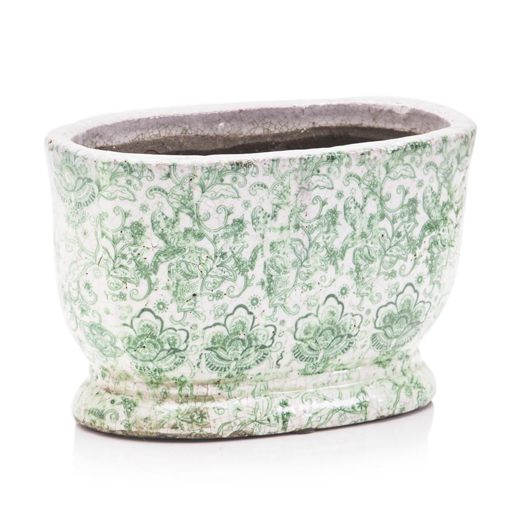 Green Ceramic Pot with Victorian Floral Design Wide (A+D)