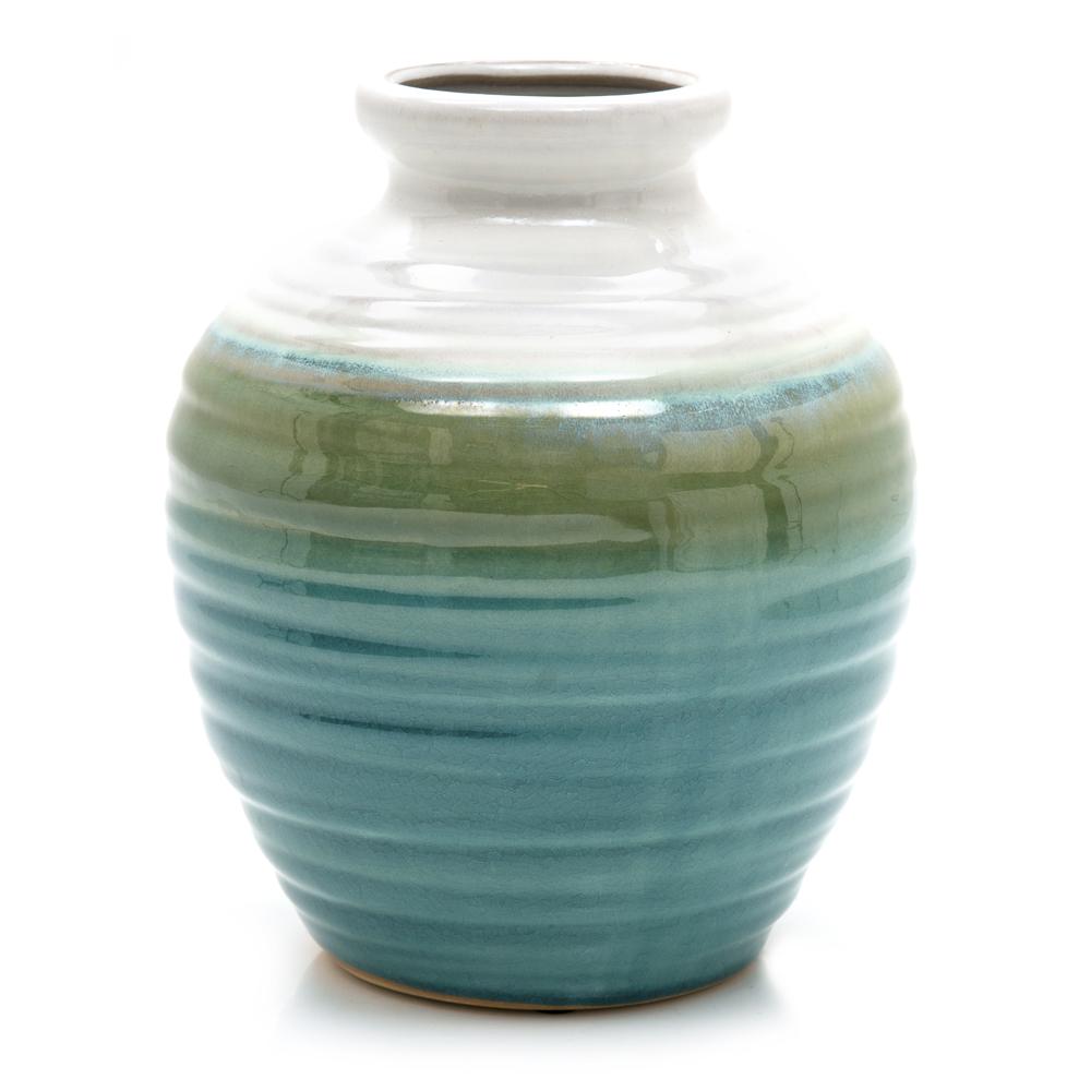 Green Aqua Ceramic Ribbed Vase (A+D)
