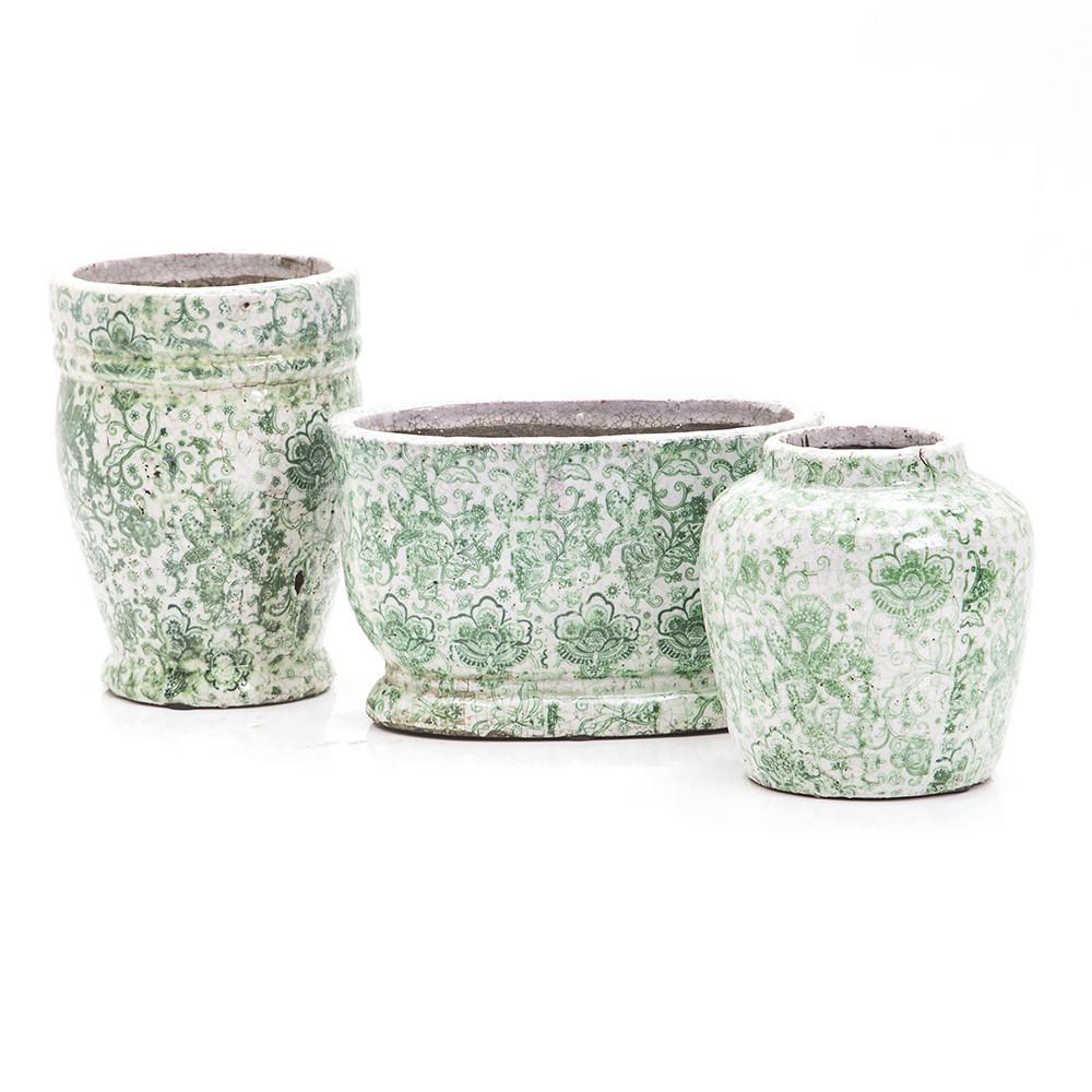 Green Ceramic Pot with Victorian Floral Design Wide (A+D)