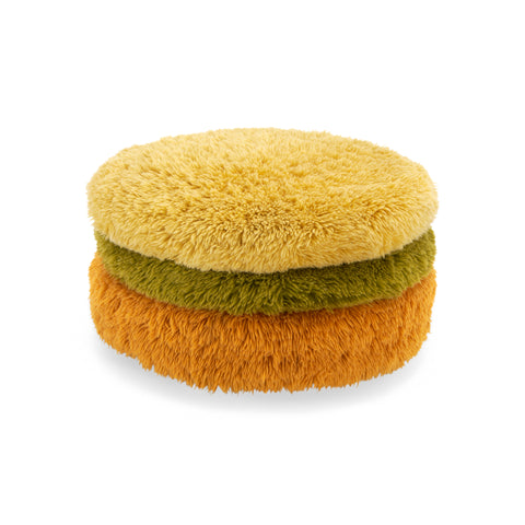 Multicolored Rolling Shag Ottoman with Stacking Pillows