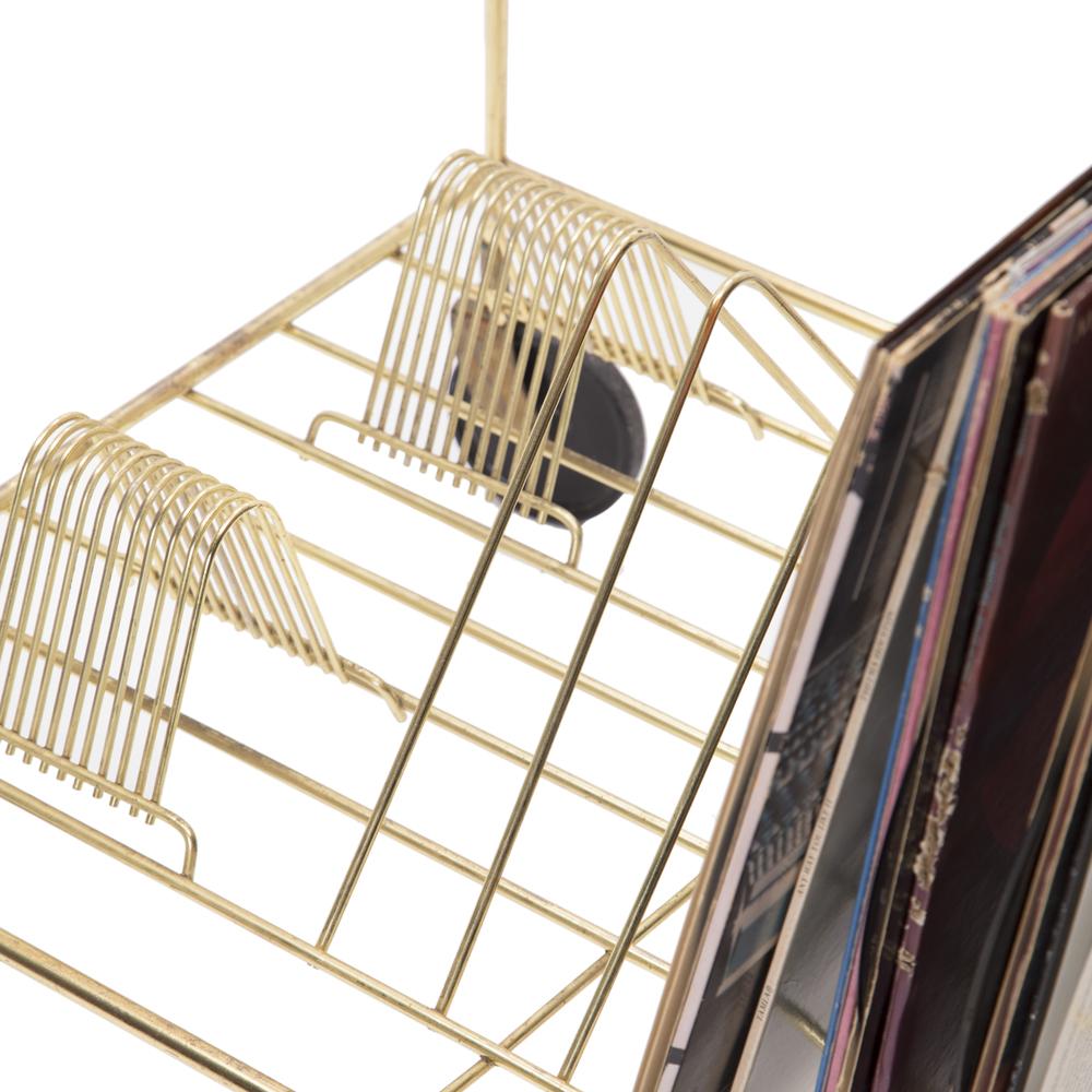 Gold Wire Record Storage Cart w Black Wheels