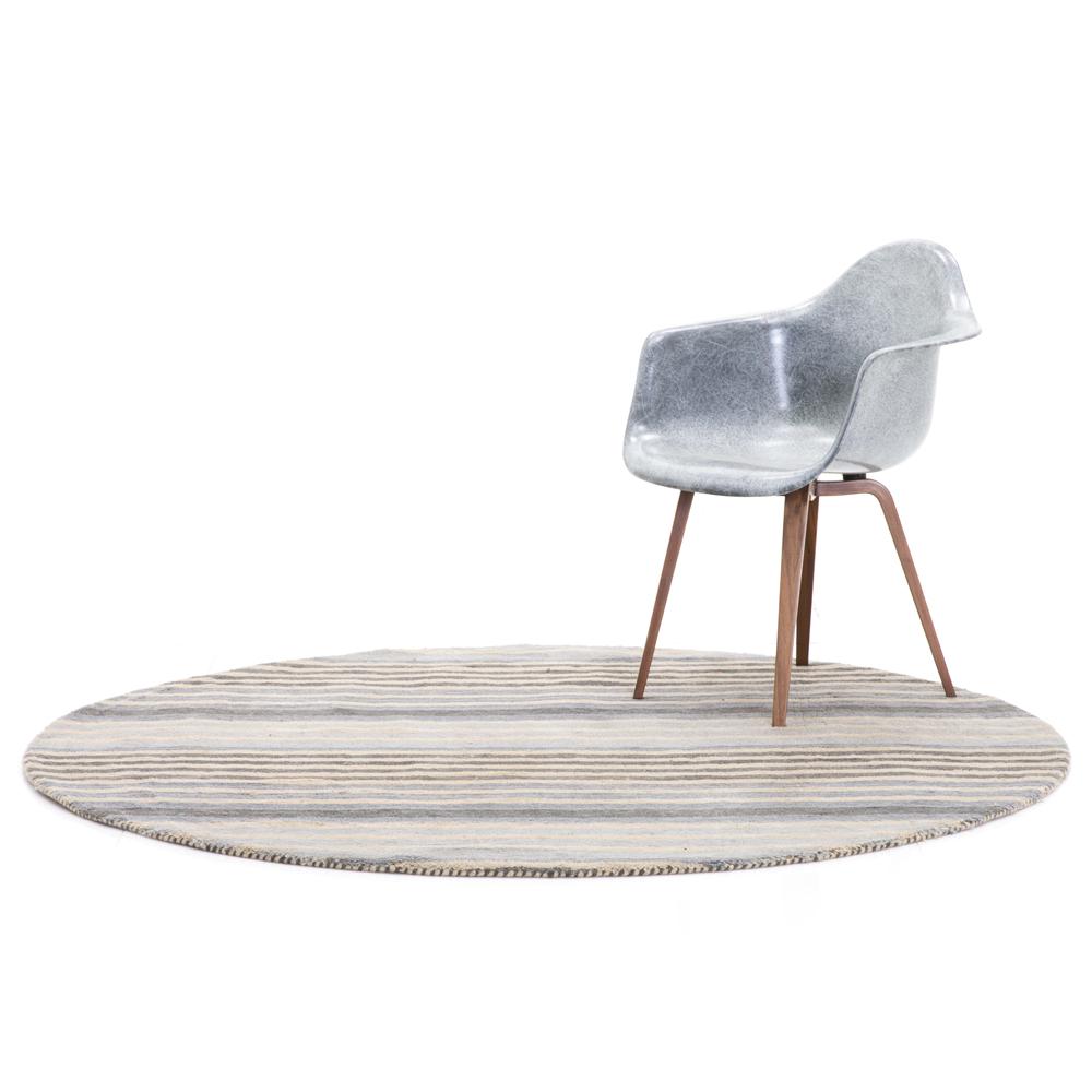 Round Grey and Blue Striped Rug