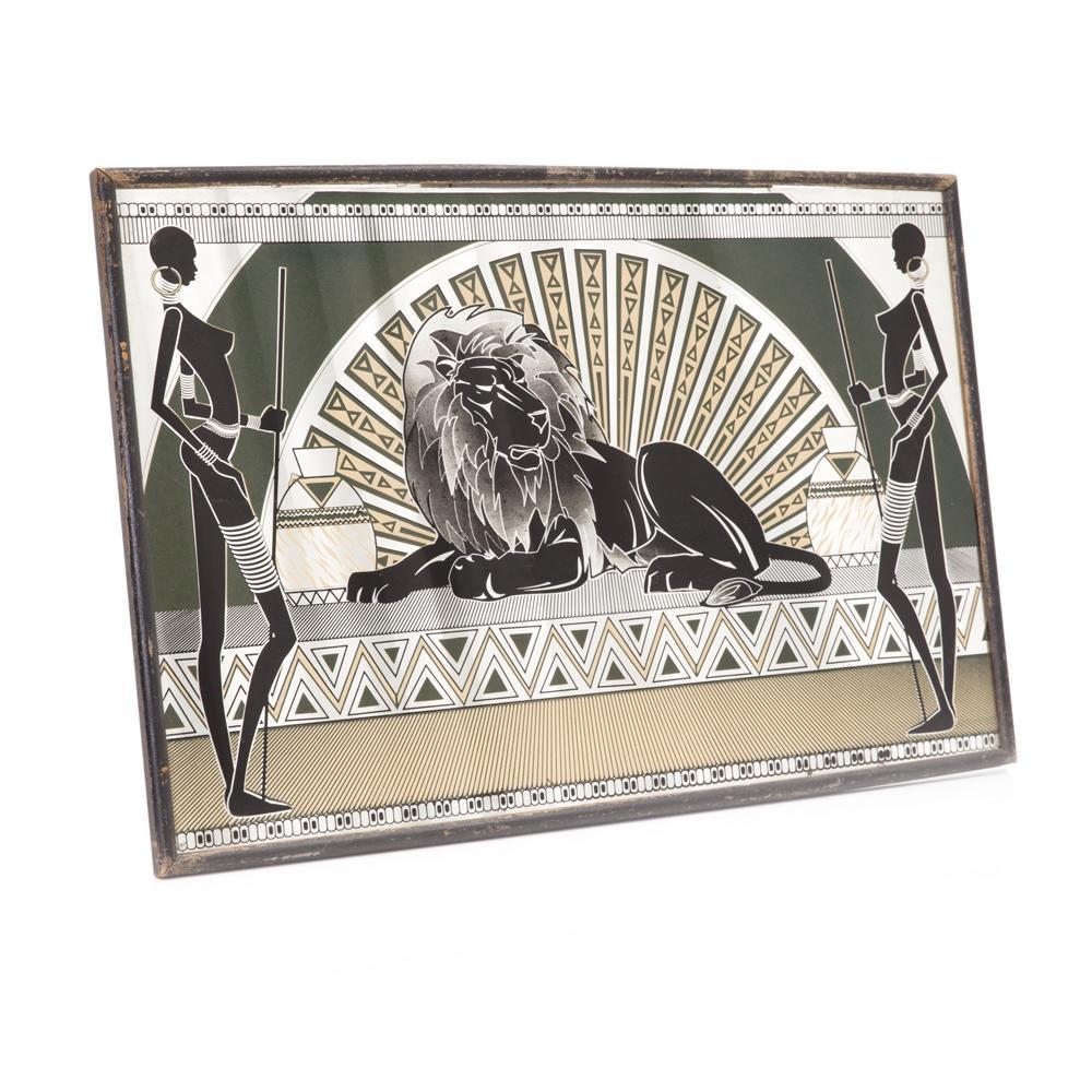Beige African Women and Lion Deco Mirror Art