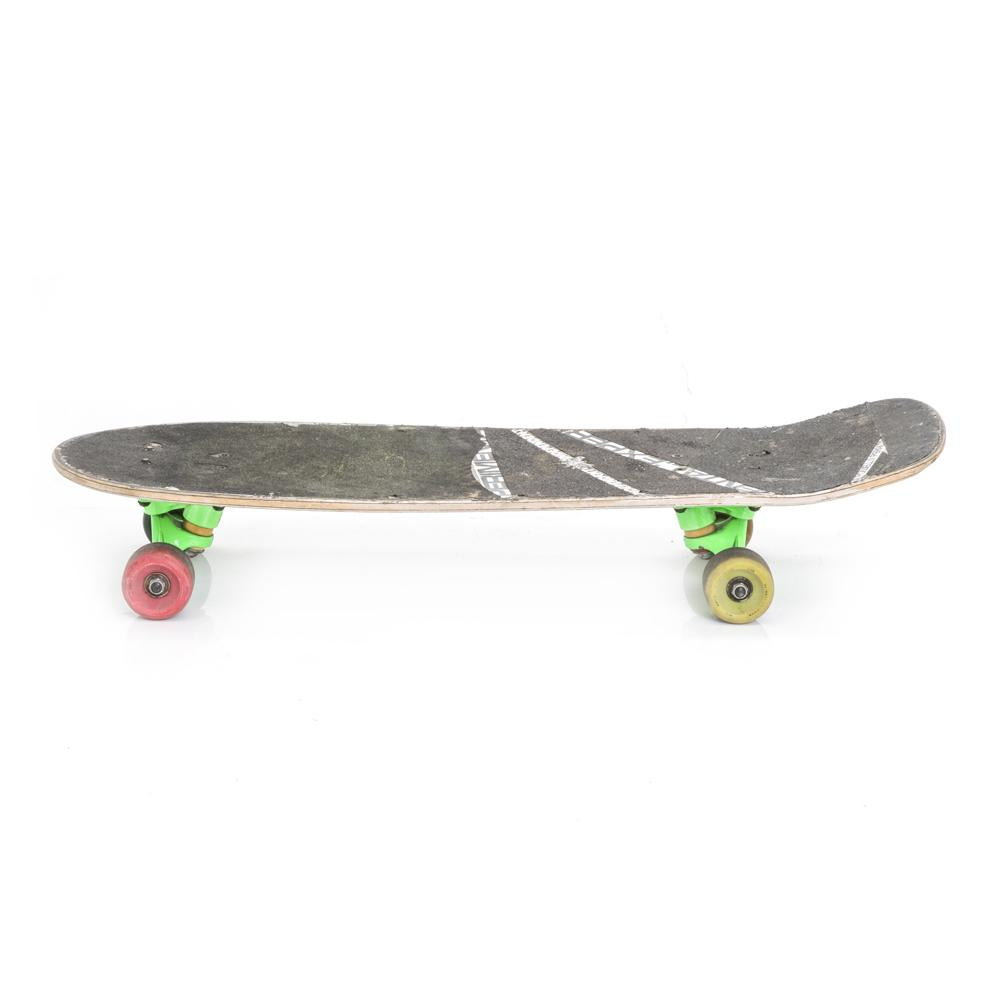 Messy Metal Skateboard with Green Trucks, Red & Yellow Wheels