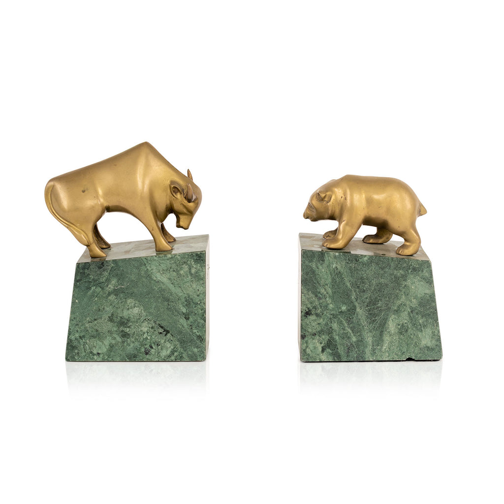 Bull and Bear Brass + Green Marble Bookends