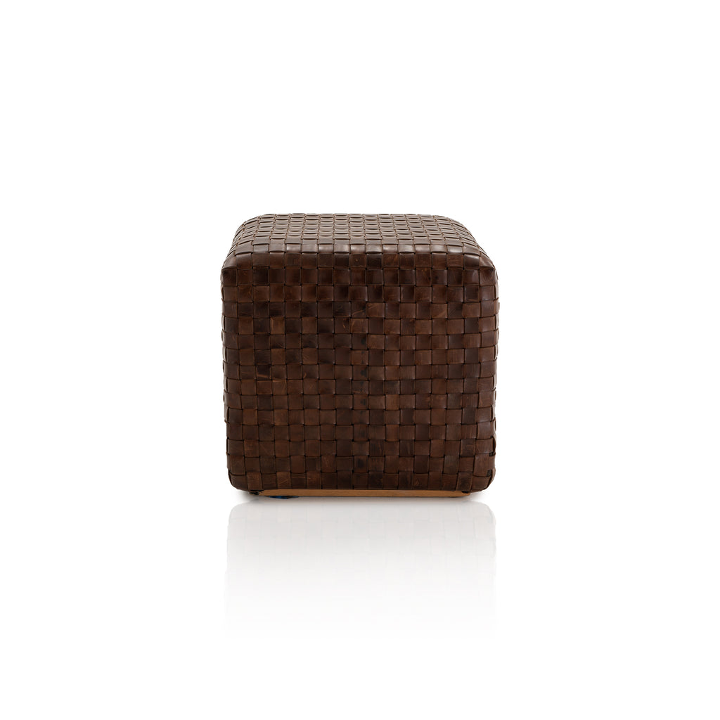 Brown Leather Woven Ottoman