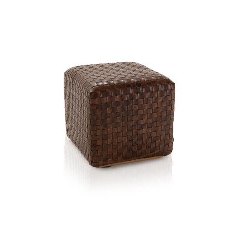 Brown Leather Woven Ottoman