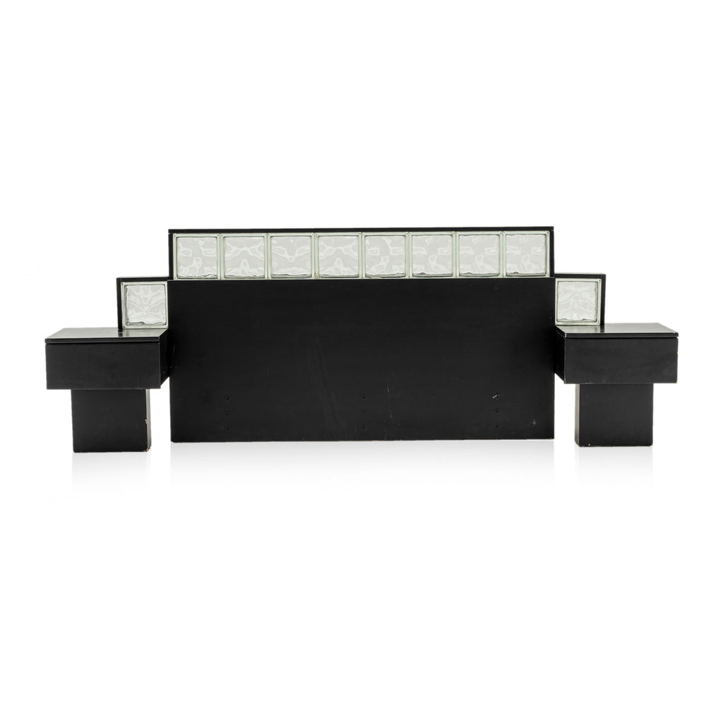 Black Wavy Glass Block Headboard with Attached Bedside Tables