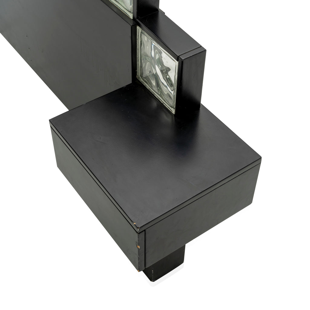 Black Wavy Glass Block Headboard with Attached Bedside Tables