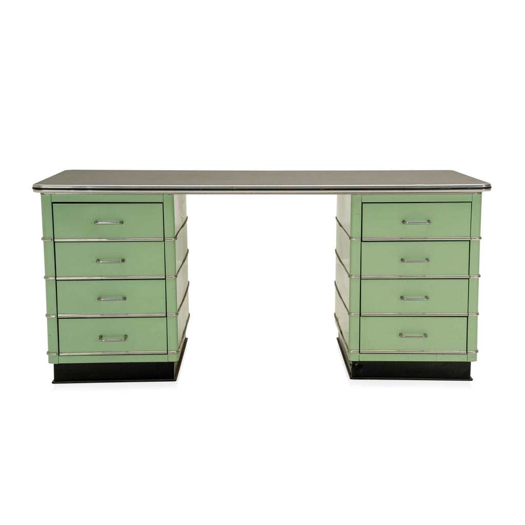 Large Green & Black Metal 8-Drawer Tanker Desk