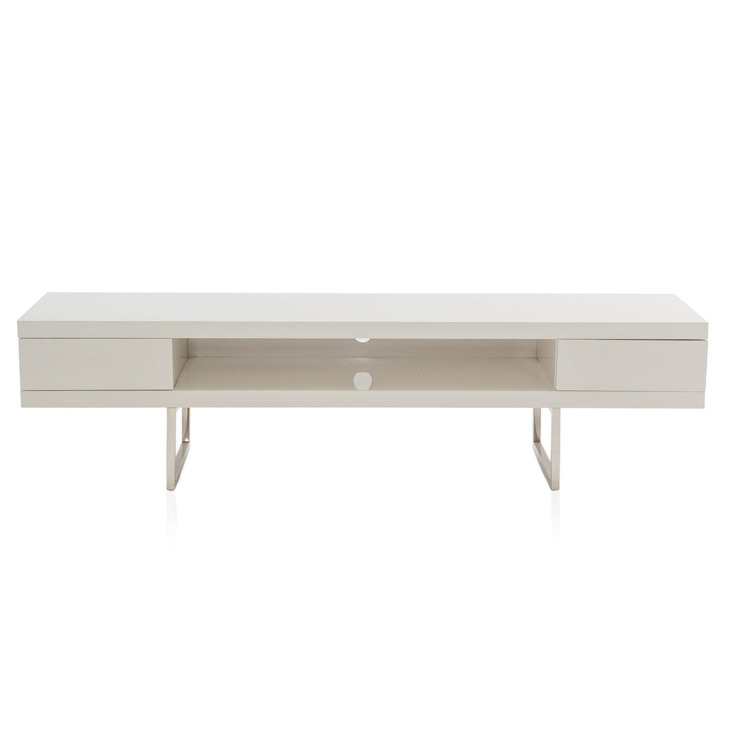 Modern White + Chrome Low Media Console