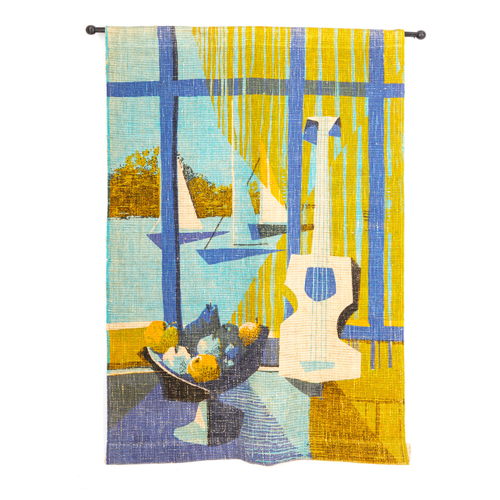 Large Blue Green Mediterranean Scene Vintage Tapestry