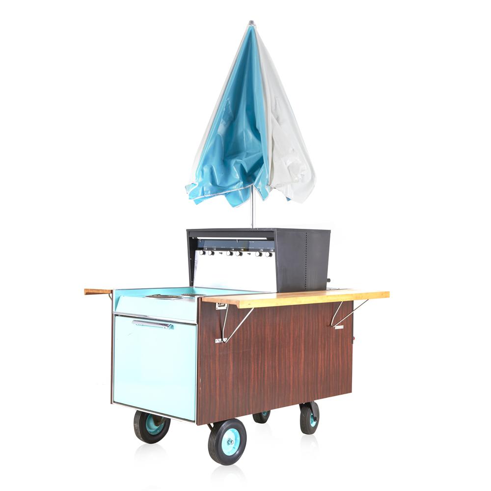 Turquoise and Wood GE Patio Cart Portable Grill with Umbrella Partio