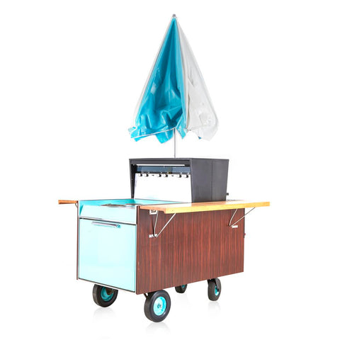 Turquoise and Wood GE Patio Cart Portable Grill with Umbrella Partio
