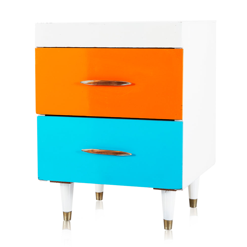 Two Drawer Bedside Table - Blue and Orange