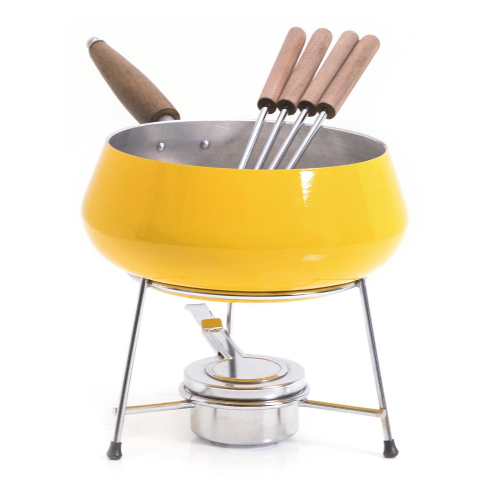 Yellow Fondue Set (No Lid) with Wood Handle Utensils