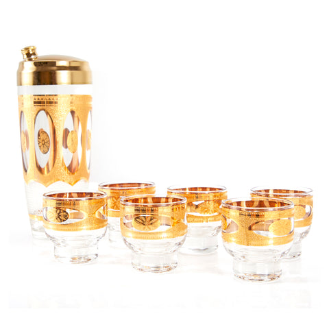 Gilded Glassware Set -Shaker and 6 Rocks Glasses