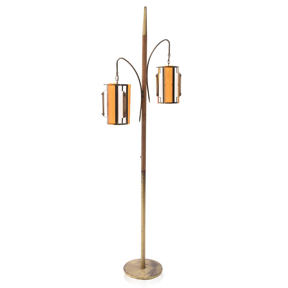 Walnut Brass Floor Lamp with Hanging Cylinder Lanterns