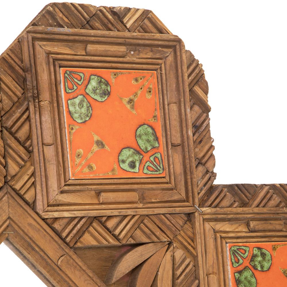 Wood and Orange Large Hexagon Tile Wall Mirror