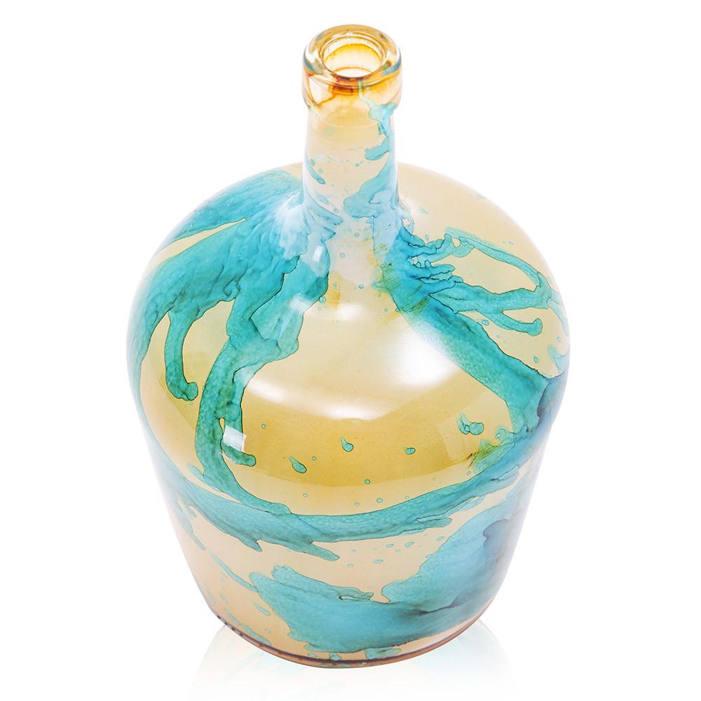 Blue Aqua Yellow Glass Bottleneck Vase (A+D)