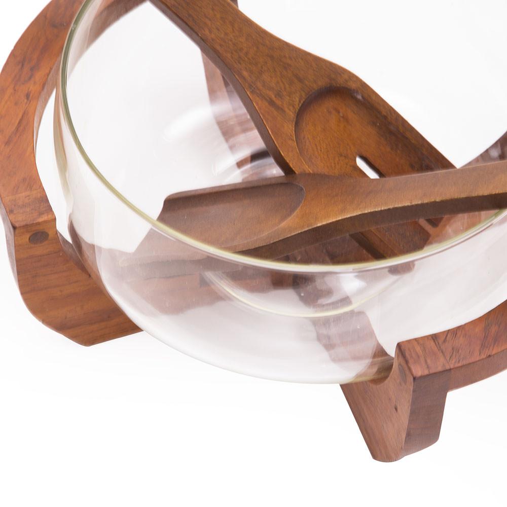 Mid Century Glass + Walnut Salad Bowl w 2 Serving Spoons