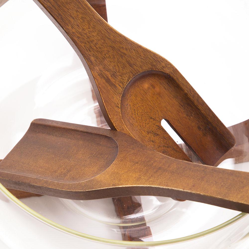 Mid Century Glass + Walnut Salad Bowl w 2 Serving Spoons