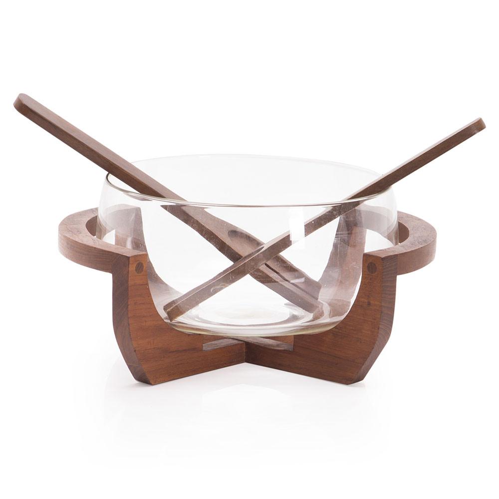 Mid Century Glass + Walnut Salad Bowl w 2 Serving Spoons