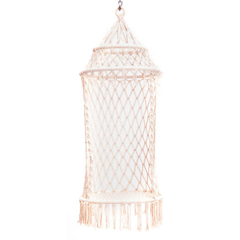 Pink White Bohemian Macrame Hanging Chair