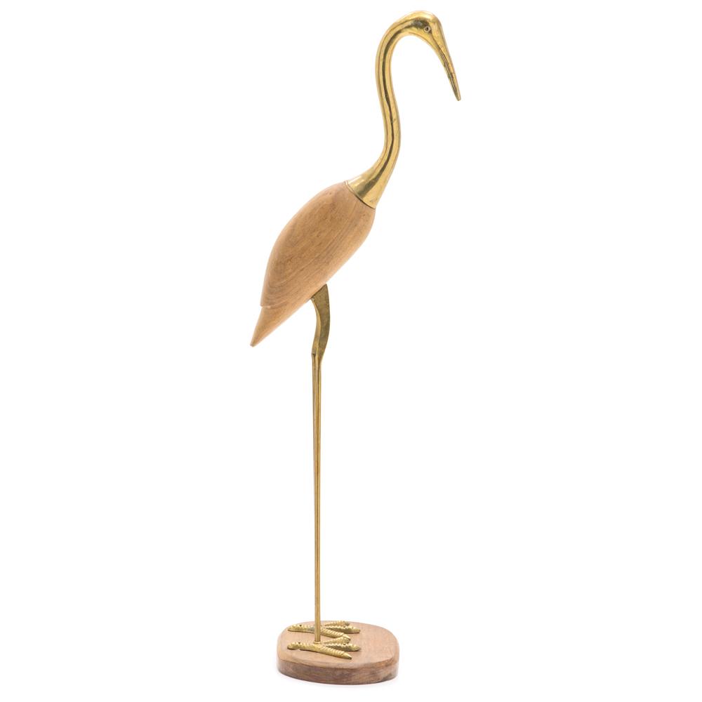 Set of 2 Wood snd Brass Standing Crane Sculptures
