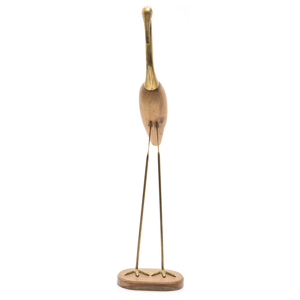 Set of 2 Wood snd Brass Standing Crane Sculptures