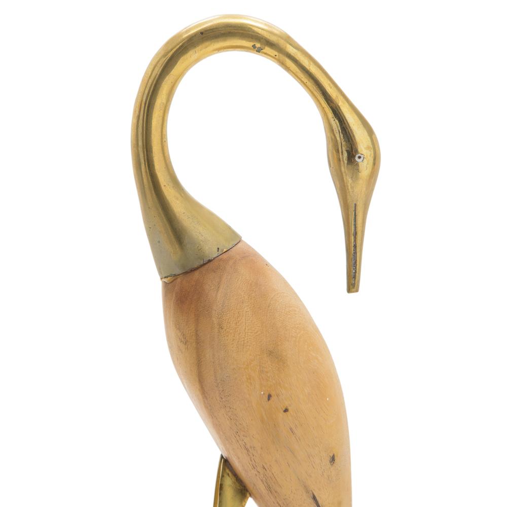 Set of 2 Wood snd Brass Standing Crane Sculptures